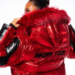 AKIRA TOUR METALLIC PUFFER COAT -AZALEA WANG Shop akira tour metallic puffer coat red multi 4 4
