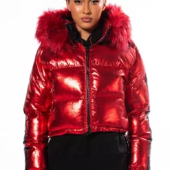AKIRA TOUR METALLIC PUFFER COAT -AZALEA WANG Shop akira tour metallic puffer coat red multi 7 7
