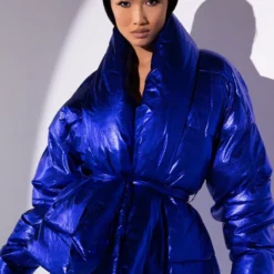 AURTURA LUXE METALLIC BLUE PUFFER COAT