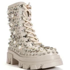 AZALEA WANG ALASKA FLATFORM RHINESTONE PEARL BOOTIE IN BONE -AZALEA WANG Shop azalea wang alaska flatform rhinestone pearl bootie in bone bone 3 3