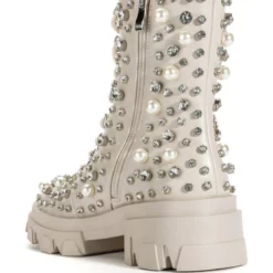 AZALEA WANG ALASKA FLATFORM RHINESTONE PEARL BOOTIE IN BONE -AZALEA WANG Shop azalea wang alaska flatform rhinestone pearl bootie in bone bone 4 4