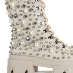 AZALEA WANG ALASKA FLATFORM RHINESTONE PEARL BOOTIE IN BONE -AZALEA WANG Shop azalea wang alaska flatform rhinestone pearl bootie in bone bone 5 5