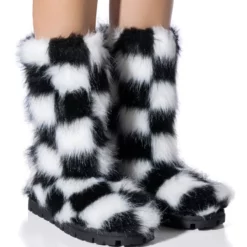 AZALEA WANG ASPEN FURRY CHECKERBOARD BOOTIE IN BLACKWHITE
