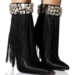 AZALEA WANG AVERI EMBELLISHED FRINGE BOOTIE IN BLACK