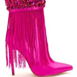AZALEA WANG AVERI EMBELLISHED FRINGE BOOTIE IN PINK -AZALEA WANG Shop azalea wang averi embellished fringe bootie in pink pink 2 2 c1 c1