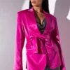 AZALEA WANG BAR NONE SATIN BLAZER WITH TIE SASH -AZALEA WANG Shop azalea wang bar none satin blazer with tie sash neon pink 1 1