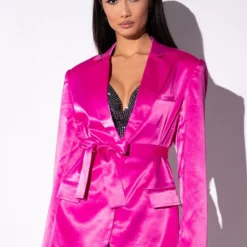 AZALEA WANG BAR NONE SATIN BLAZER WITH TIE SASH -AZALEA WANG Shop azalea wang bar none satin blazer with tie sash neon pink 3 3