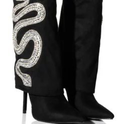 AZALEA WANG BOLD BLING RHINESTONE SNAKE FOLD OVER BOOTIE IN BLACK