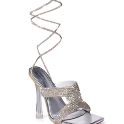 AZALEA WANG DELPHINE RHINESTONE LACE UP SANDAL IN SILVER -AZALEA WANG Shop azalea wang delphine rhinestone lace up sandal in silver silver 7 7