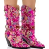 AZALEA WANG DILIGENT GEM EMBELLISHED BROCADE WESTERN BOOTIE IN PINK