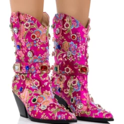 AZALEA WANG DILIGENT GEM EMBELLISHED BROCADE WESTERN BOOTIE IN PINK