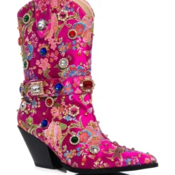 AZALEA WANG DILIGENT GEM EMBELLISHED BROCADE WESTERN BOOTIE IN PINK -AZALEA WANG Shop azalea wang diligent embellished bootie in pink pink 3 3