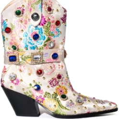 AZALEA WANG DILIGENT GEM EMBELLISHED BROCADE WESTERN BOOTIE IN BONE -AZALEA WANG Shop azalea wang diligent gem embellished brocade western bootie in bone bone 2 2