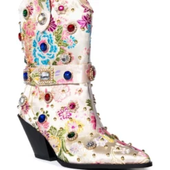 AZALEA WANG DILIGENT GEM EMBELLISHED BROCADE WESTERN BOOTIE IN BONE -AZALEA WANG Shop azalea wang diligent gem embellished brocade western bootie in bone bone 3 3