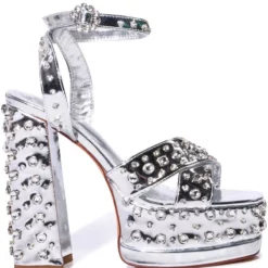 AZALEA WANG FRANCIE EMBELLISHED CHUNKY SANDAL IN SILVER -AZALEA WANG Shop azalea wang francie embellished chunky sandal in silver silver 2 2