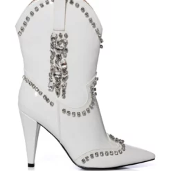 AZALEA WANG FREIDA EMBELLISHED BOOTIE IN WHITE -AZALEA WANG Shop azalea wang freida embellished western stiletto bootie in white white 2 2