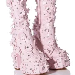 AZALEA WANG ISNT SHE LOVELY FLORAL RHINESTONE CHUNKY HEEL BOOTIE IN PINK