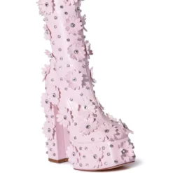 AZALEA WANG ISNT SHE LOVELY FLORAL RHINESTONE CHUNKY HEEL BOOTIE IN PINK -AZALEA WANG Shop azalea wang isnt she lovely floral rhinestone chunky heel bootie in pink pink 3 3