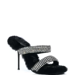 AZALEA WANG KAE EMBELLISHED FAUX FUR STILETTO SANDAL IN BLACK -AZALEA WANG Shop azalea wang kae embellished faux fur stiletto sandal in black black 3 3