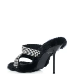 AZALEA WANG KAE EMBELLISHED FAUX FUR STILETTO SANDAL IN BLACK -AZALEA WANG Shop azalea wang kae embellished faux fur stiletto sandal in black black 4 4