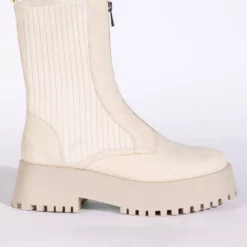 AZALEA WANG KENNEDY KNIT FRONT ZIP FLATFORM BOOTIE IN BONE -AZALEA WANG Shop azalea wang kennedy knit front zip flatform bootie in bone bone 3 3