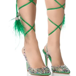 AZALEA WANG LOVE YOU SO EMBELLISHED FEATHER TRIM PVC PUMP IN GREEN