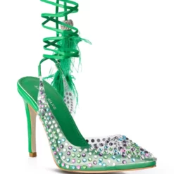 AZALEA WANG LOVE YOU SO EMBELLISHED FEATHER TRIM PVC PUMP IN GREEN -AZALEA WANG Shop azalea wang love you so embellished feather trim pvc pump in green green 3 3