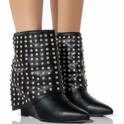 AZALEA WANG Shop 50 AZALEA WANG MARINA RHINESTONE STUDDED FOLD OVER WEDGE BOOTIE IN BLACK
