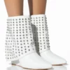 AZALEA WANG MARINA RHINESTONE STUDDED FOLD OVER WEDGE BOOTIE IN WHITE -AZALEA WANG Shop azalea wang marina rhinestone studded fold over wedge bootie in white white 1 1