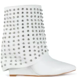 AZALEA WANG MARINA RHINESTONE STUDDED FOLD OVER WEDGE BOOTIE IN WHITE -AZALEA WANG Shop azalea wang marina rhinestone studded fold over wedge bootie in white white 2 2