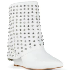 AZALEA WANG MARINA RHINESTONE STUDDED FOLD OVER WEDGE BOOTIE IN WHITE -AZALEA WANG Shop azalea wang marina rhinestone studded fold over wedge bootie in white white 3 3