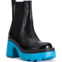 AZALEA WANG PRIMROSE BLUE SOLE CHUNKY BOOTS IN BLACK -AZALEA WANG Shop azalea wang primrose blue sole chunky boots in black blue 3 3