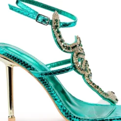 AZALEA WANG RHINESTONE COBRA STILETTO SANDAL IN GREEN -AZALEA WANG Shop azalea wang rhinestone cobra stiletto sandal in green green 5 5
