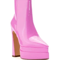 AZALEA WANG ROSETTE PATENT CHUNKY BOOTIE IN PINK -AZALEA WANG Shop azalea wang rosette patent chunky bootie in pink pink 3 3