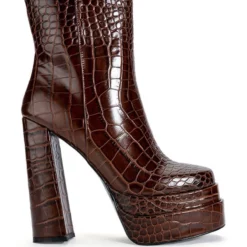 AZALEA WANG RUN AWAY CHUNKY BOOTIE IN BROWN CROC -AZALEA WANG Shop azalea wang run away chunky bootie in brown croc brown 2 2