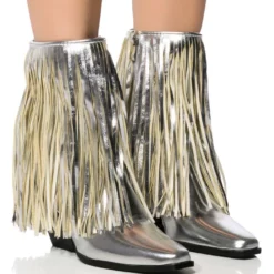 AZALEA WANG SCARLETT METALLIC CHUNKY WESTERN FRINGE BOOTIE IN SILVER -AZALEA WANG Shop azalea wang scarlett metallic chunky western fringe bootie in silver silver 1 1