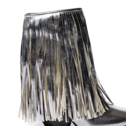 AZALEA WANG SCARLETT METALLIC CHUNKY WESTERN FRINGE BOOTIE IN SILVER -AZALEA WANG Shop azalea wang scarlett metallic chunky western fringe bootie in silver silver 5 5