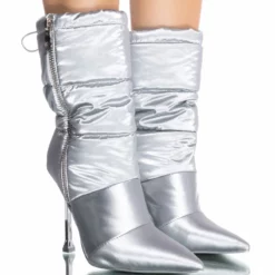 AZALEA WANG STEPPING OUT STILETTO PUFFER BOOTIE IN SILVER