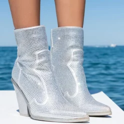 AZALEA WANG WHY SO SERIOUS CHUNKY WESTERN BOOTIE IN SILVER -AZALEA WANG Shop azalea wang why so serious chunky western bootie in silver silver 1 1 c1