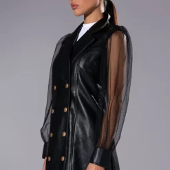 BADDIE ERA LONG PU BLAZER WITH CHIFFON ARMS -AZALEA WANG Shop baddie era long pu blazer with chiffon arms black 3 3