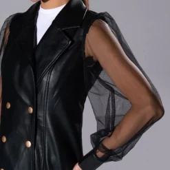 BADDIE ERA LONG PU BLAZER WITH CHIFFON ARMS -AZALEA WANG Shop baddie era long pu blazer with chiffon arms black 5 5