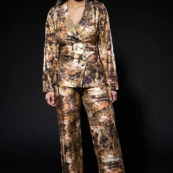 BELIEVER RHINESTONE TRIM BLAZER AND TROUSER SET -AZALEA WANG Shop believer rhinestone trim blazer and trouser set gold 3 3