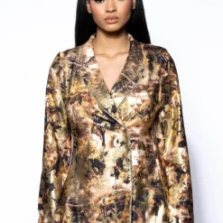 BELIEVER RHINESTONE TRIM BLAZER AND TROUSER SET -AZALEA WANG Shop believer rhinestone trim blazer and trouser set gold 4 4