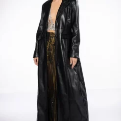 BEYOND CLASSIC LONG PU TRENCH WITH CHEETAH LINING -AZALEA WANG Shop beyond classic long pu trench with cheetah lining black 1 1 c1 c1 c1 c1