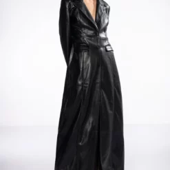 BEYOND CLASSIC LONG PU TRENCH WITH CHEETAH LINING -AZALEA WANG Shop beyond classic long pu trench with cheetah lining black 2 2 c1 c1 c1 c1