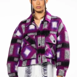 BY THE FIREPLACE FELTED PLAID CROP SHACKET -AZALEA WANG Shop blank nyc luck finder sherpa crop shacket multi 4 4