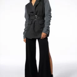 BOSS MODE RUCHED SWEATSHIRT SLEEVE BELTED BLAZER -AZALEA WANG Shop boss mode ruched sweatshirt sleeve belted blazer charcoal grey 5 5