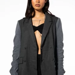 BOSS MODE RUCHED SWEATSHIRT SLEEVE BELTED BLAZER -AZALEA WANG Shop boss mode ruched sweatshirt sleeve belted blazer charcoal grey 6 6