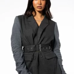 BOSS MODE RUCHED SWEATSHIRT SLEEVE BELTED BLAZER -AZALEA WANG Shop boss mode ruched sweatshirt sleeve belted blazer charcoal grey 7 7