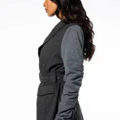 BOSS MODE RUCHED SWEATSHIRT SLEEVE BELTED BLAZER -AZALEA WANG Shop boss mode ruched sweatshirt sleeve belted blazer charcoal grey 8 8